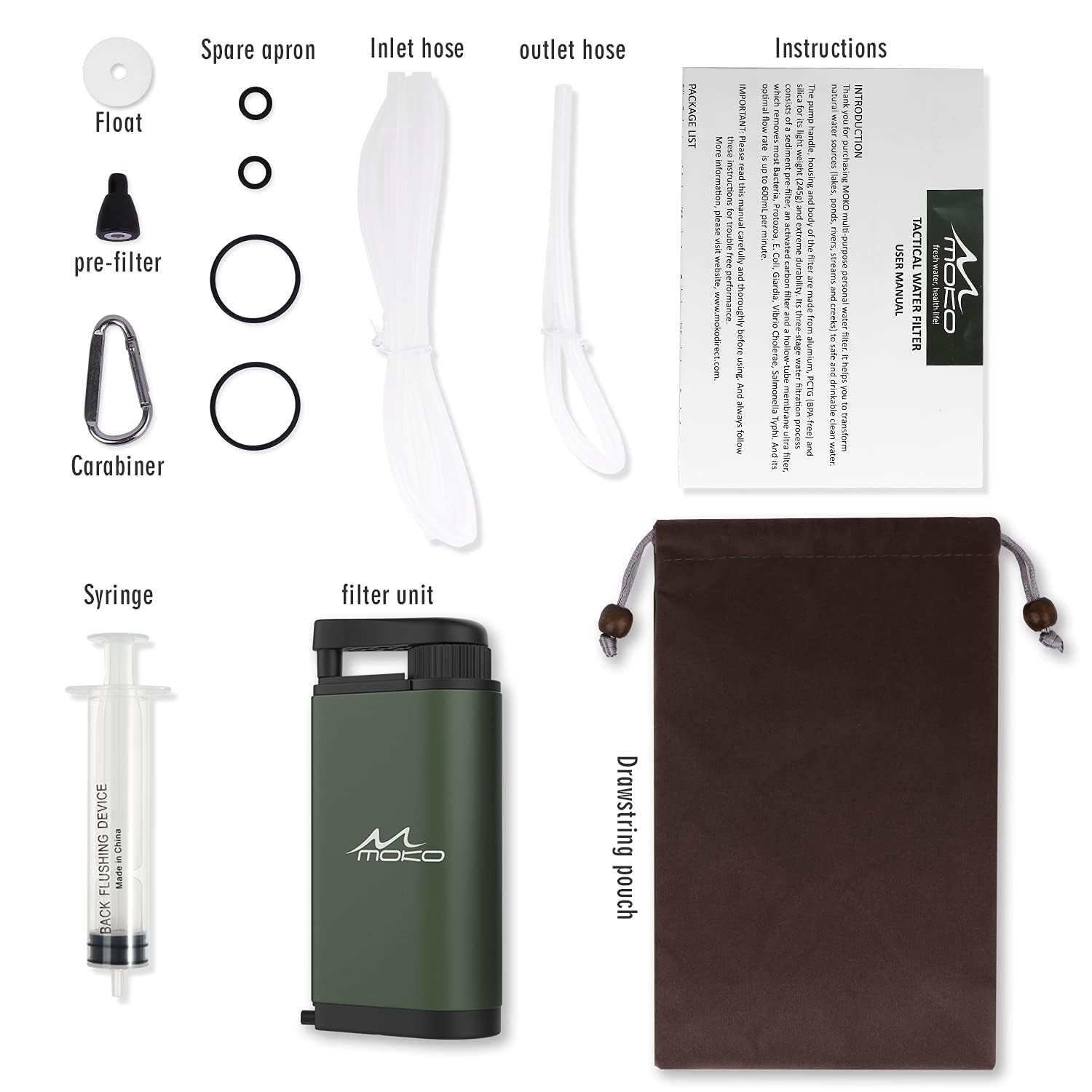 MoKo Filtro de agua portátil para camping, senderismo, purificador de agua de emergencia, supervivencia, con carbón interno y conjunto de filtro ultra