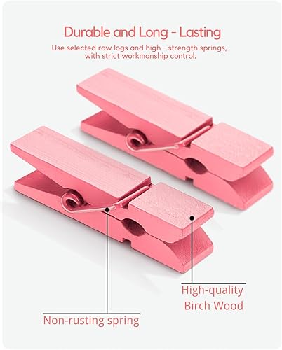 Miniatura 4 de Pinzas para la ropa, color rosa, 100 pinzas pequeñas de madera para fotos con cordel de yute, pequeño clip para papel fotográfico, ideal para baby
