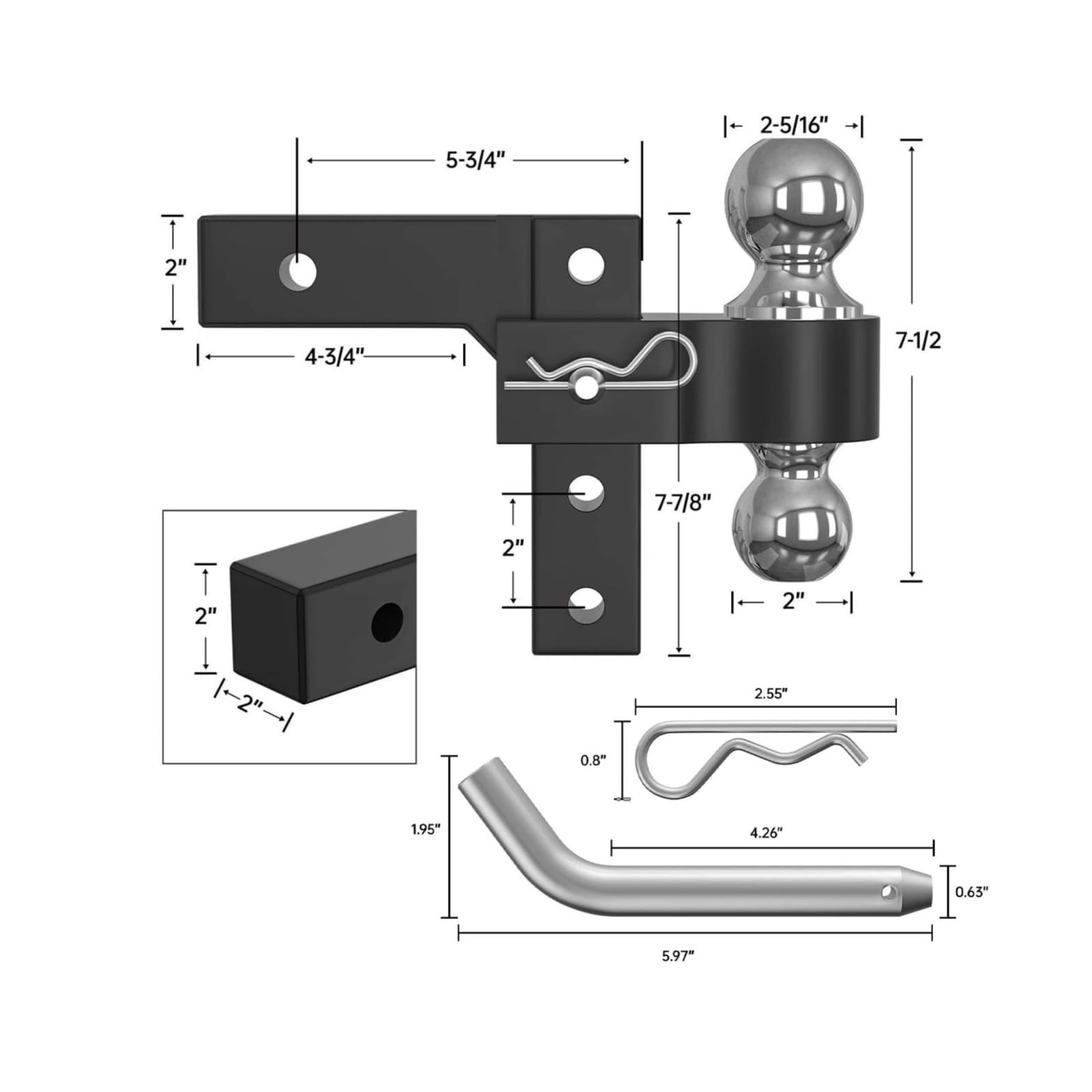Enganche de Remolque Ajustable con Doble Cabezal de Bola Regulación de Altura y Encaje Clase III Construcción en Aleación de Aluminio 2x2pulgadas, Negro