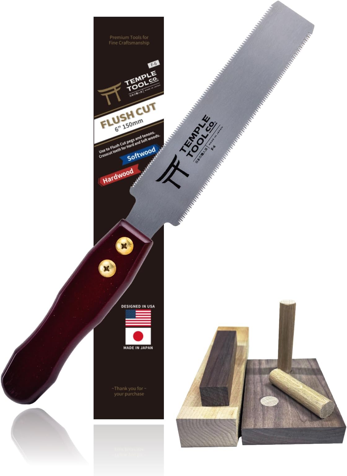 Temple Tool Co. Japanese Flush Cut Saw - 6 Inch Double Edge Pull Saw for Flush Cutting Dowels, Pegs, Wedges - Hardwood Softwood
