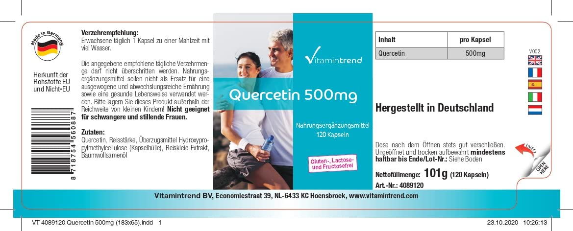 Vitamintrend Quercétine 500 mg, 120 gélules, hautement dosé, complément alimentaire végan sans stéarate de magnésium, fabriqué en Allemagne