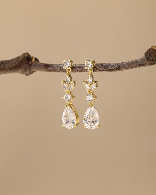 HANLI Dangle Earrings for Women – 14K Gold Plated Drop Earrings Sparkly Gold Dangle Earrings Elegant Dangling Earrings for Wedding Bridal Prom Jewelry by HANLI - Used condition - Image 4