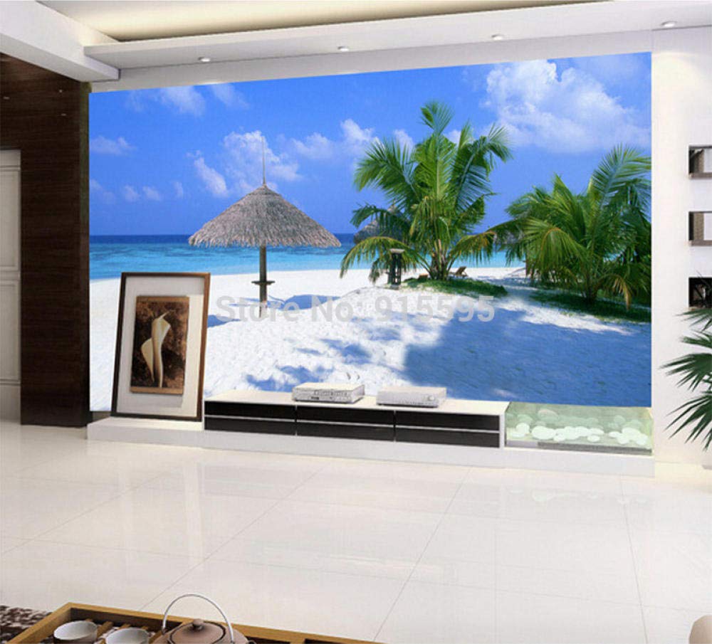 Papier peint 3D plage pour agrandir un salon et habiller un mur TV