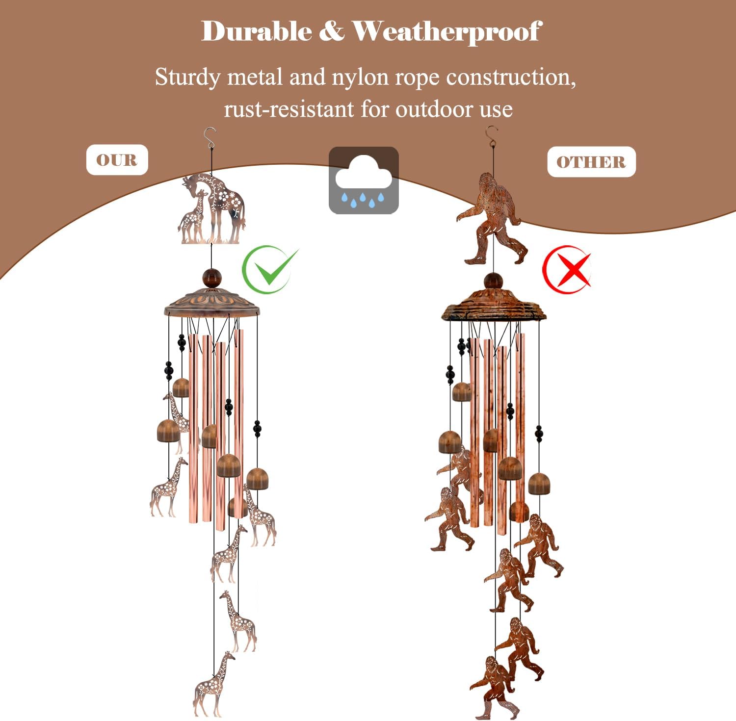 35" Giraffe Wind Chimes for Outside, Rustic Copper Mother & Baby Giraffe Silhouette Decor with 6 Pendants - Elegant Safari Memorial Windchime - Heartwarming Gift for Mom & Animal Lovers