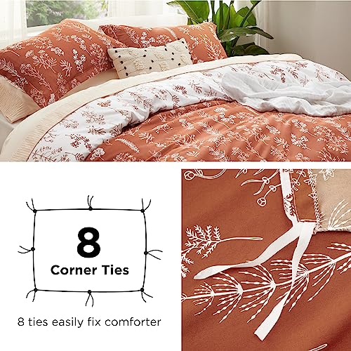 Image of Bedsure Duvet Cover Queen Size - Reversible Terracotta Queen Duvet Cover Set with Zipper Closure, 3 Pieces Floral Patterned Bedding Set with 8 Corner Ties and 2 Pillow Shams