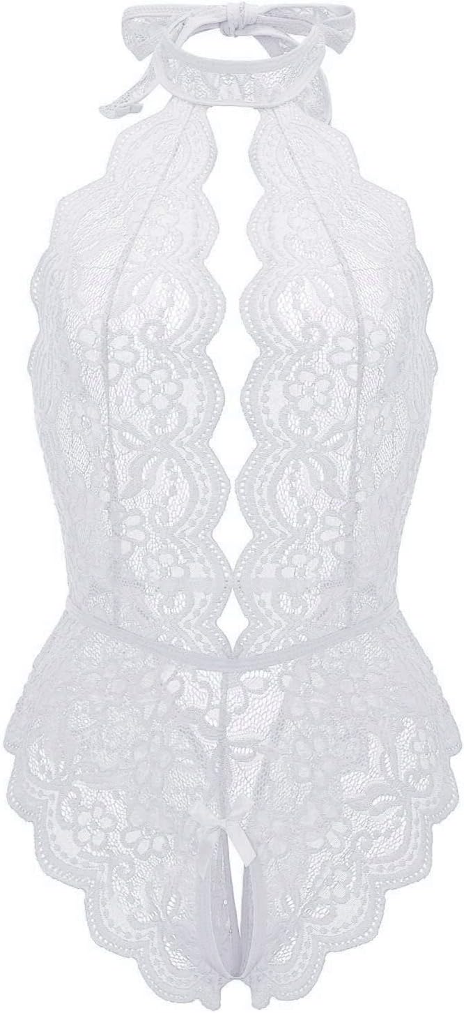 Womens Lingerie Set Side Slit Nightwear Floral Lace Sheer Babydoll Teddy Halter Nighties for Valentines Christmas