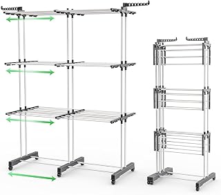 VOUNOT® Wäscheständer Turm Ausziehbar, Platzsparender Turmwäscheständer für Innen & Außen, mit Faltbaren Flügeln, Teleskopstange und 6 Rollen, 40m Trockenlänge, 3 Ebenen, Weiß