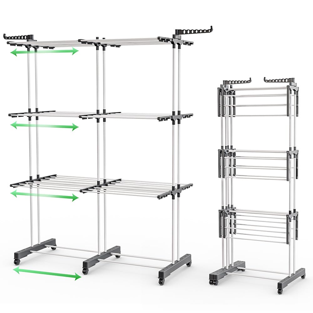VOUNOT® 2 in 1 Stendino Verticale Salvaspazio Allungabile, 3 Livelli Stendibiancheria a Torre Pieghevole con Ruote, 12 Ali e 2 Bracci Estensibili per Interno ed Esterno, Bianco