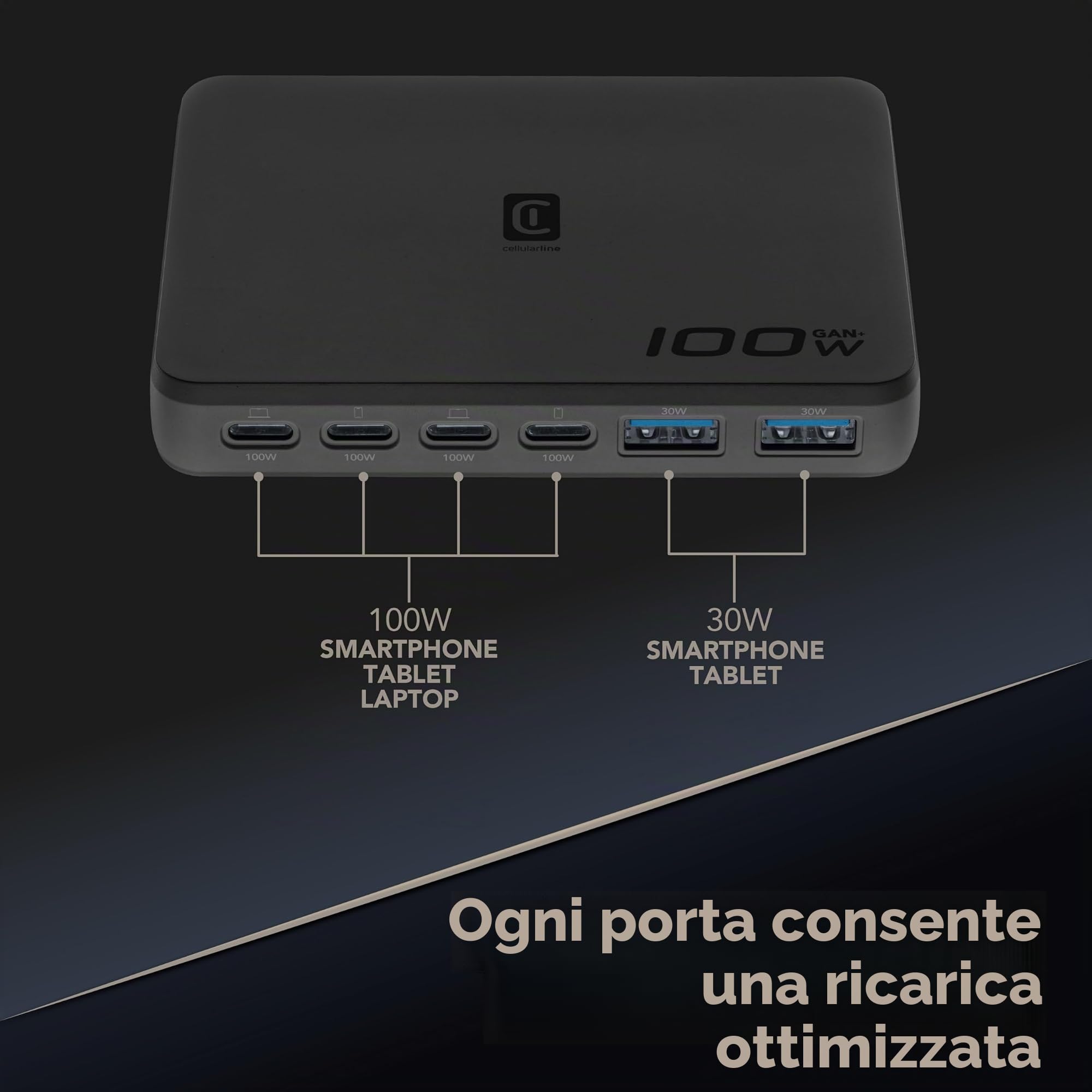 Cellularline stazione di ricarica da scrivania Power Lite da 100 W con 6 porte, tra cui 4 USB-C e 2 USB-A, con tecnologia GaN+ per smartphone, tablet e laptop, nero