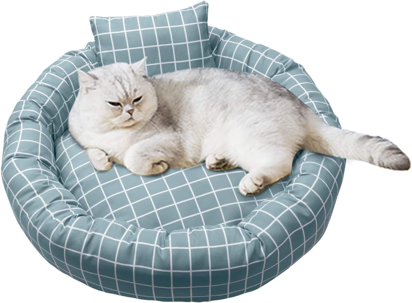 Pet Cat Beds for Indoor Cats Round Grid Pattern Cat Bed with Machine Washable Medium Cat Calming Cushion Bed for Joint-Relief and Sleep…