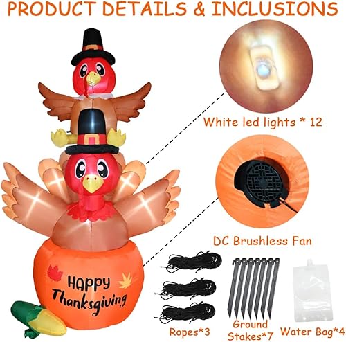 Miniatura 3 de Pavo inflable de Acción de Gracias de 9.8 pies, decoración de patio inflable de pavo inflable con LED integrados para otoño, fiesta de Acción de