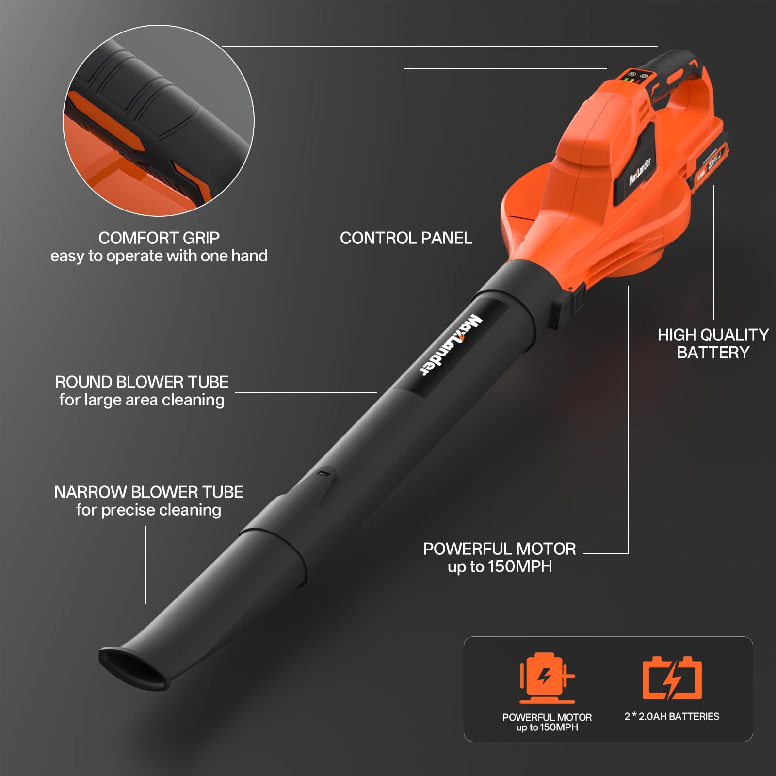 Maxlander Cordless Leaf Blower, leaf blower and vacuum with 2x2.0Ah Battery and Charger, Two-Speed Mode, garden Air Blowers for Lawn Care, Debris Dust Cleaning — view 8