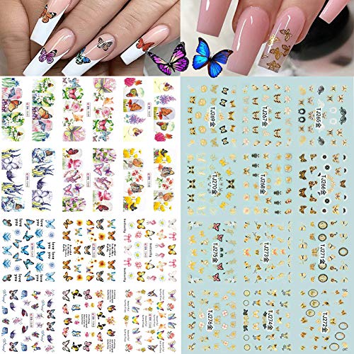 24 Sheets Butterfly Nail Stickers Nail Decals 3D Nail Art Supplies Nail Foils Water Transfer DIY Fingernails Decor Manicure Decorations for Women Kids