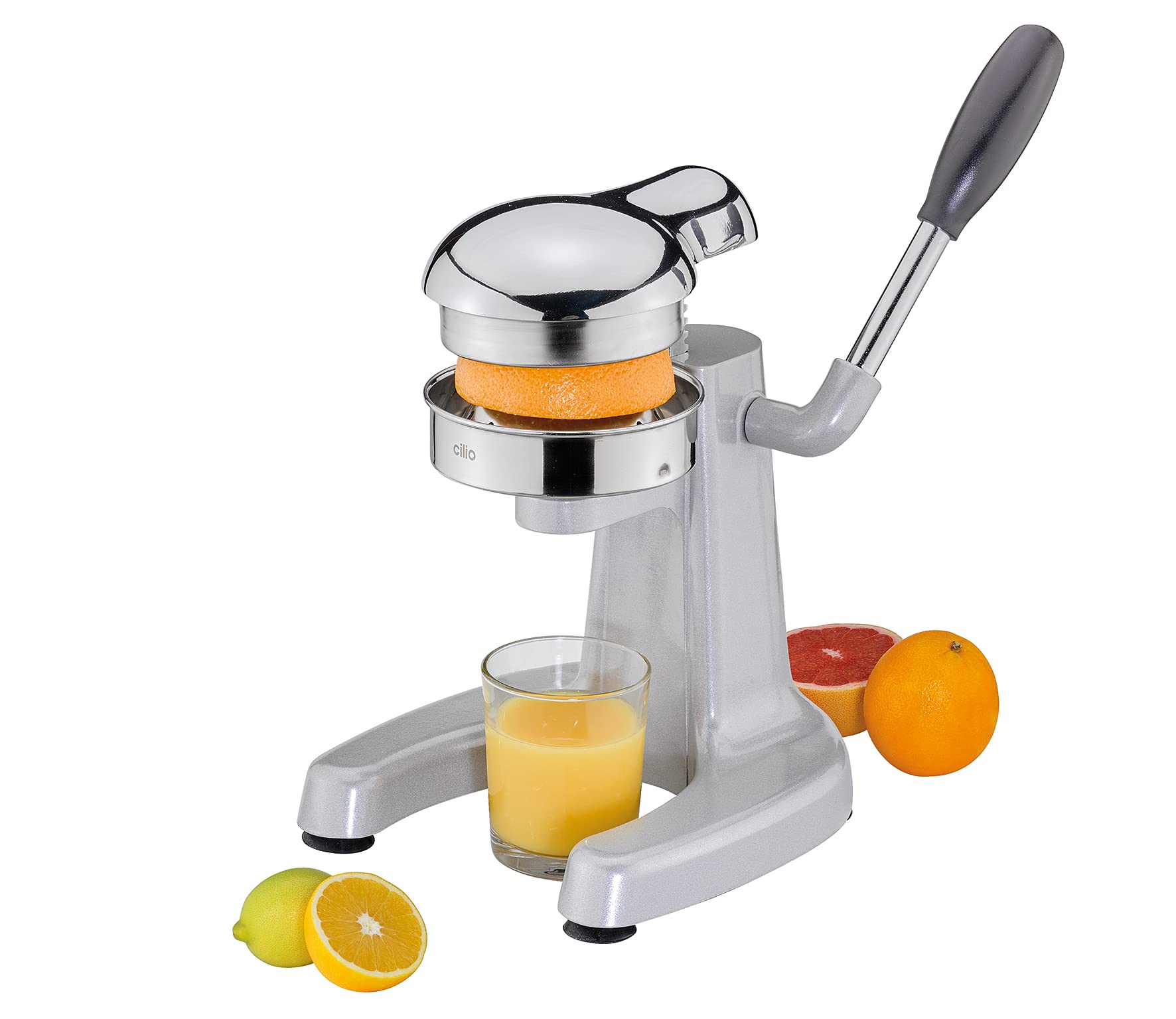 cilio Positano Saftpresse, Hebelpresse mit Edelstahl-Presskegel, Saugfüße | Zitruspresse, rostfreier Edelstahltrichter, für Zitronen, Orangen, Limetten, kraftsparende Hebelwirkung, stabiler Stand