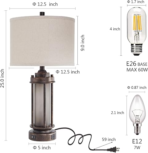 Miniatura 6 de Lámpara de mesa de granja de 25 pulgadas con 2 puertos de carga USB, lámpara de mesita de noche rústica vintage con luz nocturna de vidrio