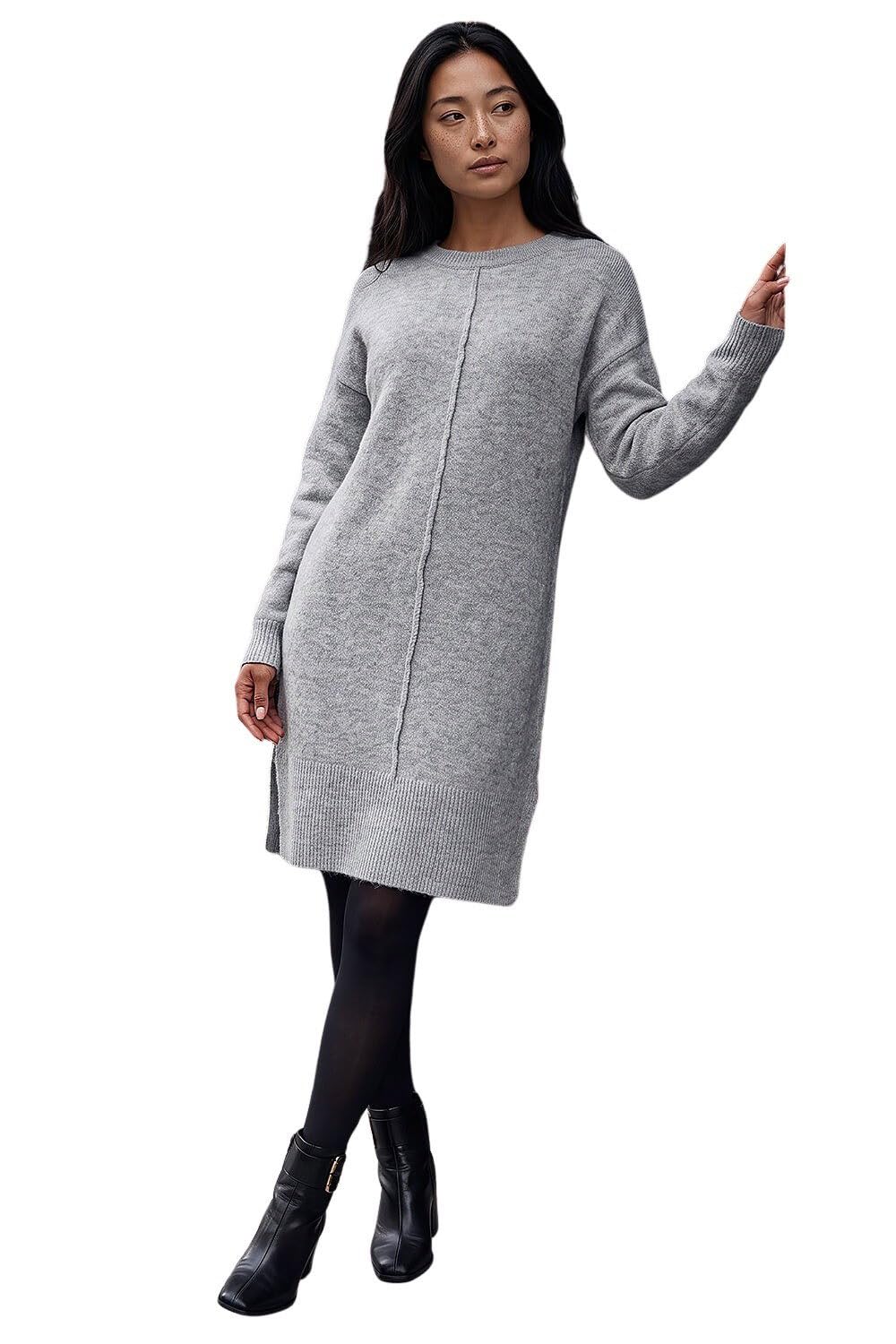 Roman Originals Women's Petite Grey Roman Petite Knitted Pintuck Shift Dress For Uk - Everyday Autumn Winter Round Neckline Comfy Soft Evening Vacation Work Party Night Out - Size 14