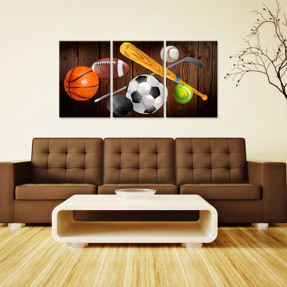 3 Pieces Vintage Sports Canvas Wall Art Basketball Football Baseball Soccer Hockey Balls Picture Prints for Living Room Bedroom Office Ready To Hang 16x24inchx3pcs