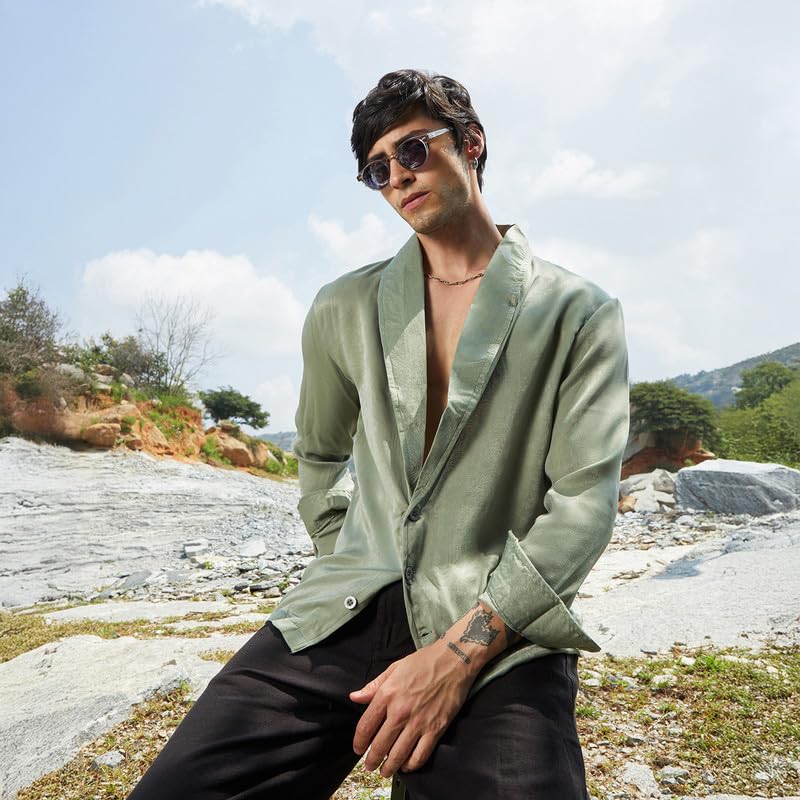 Image of CAHOOT Men's Olive Shirt Casual Wear | Shawl Collar | Long Sleeve | Button Closure | Shirt Crafted with Comfort Fit for Everyday Wear