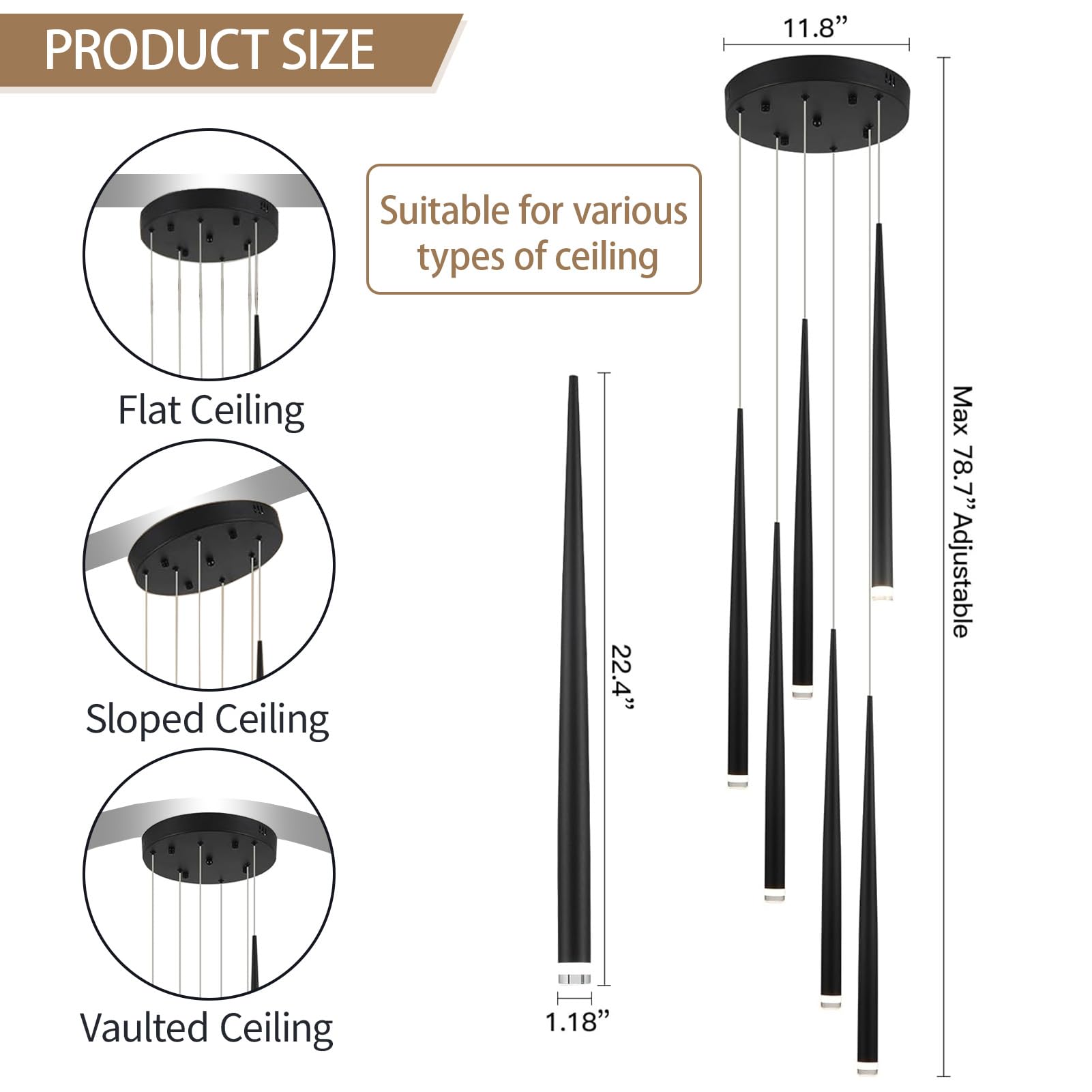 Lámpara de araña de tubo ajustable de 79 pulgadas, 6 luces, color negro, moderna, con forma de cono agrupado, lámpara colgante en espiral, regulable, accesorios de iluminación LED para villa,