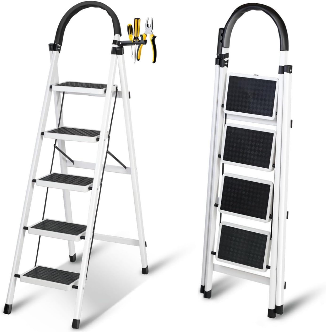 Foldable Ladder 5 Steps, Home Ladder Folding Step Stool with Wide Anti-Slip Pedal, Adults Folding Sturdy Steel Ladder for Home,Kitchen, Garden, Office