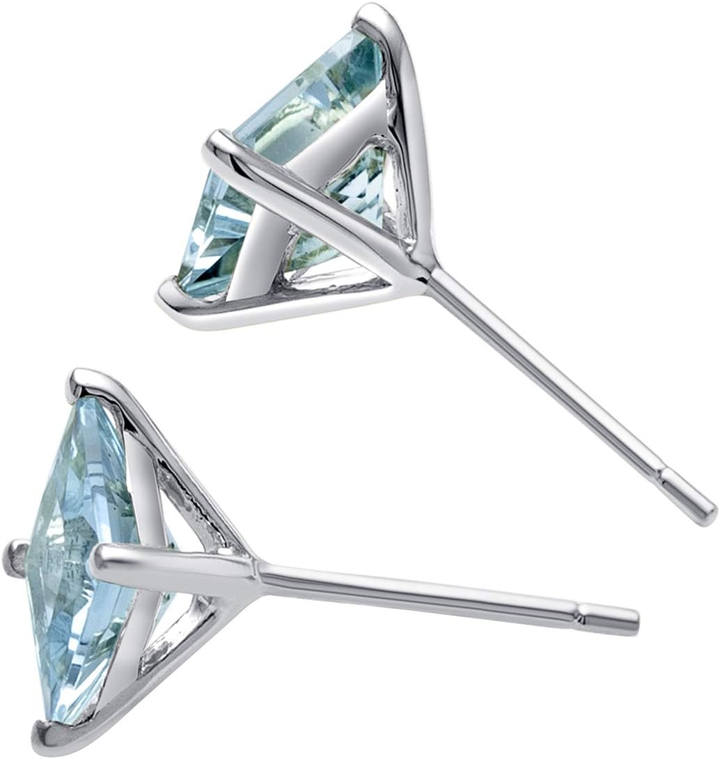 Peora Solid 14K White Gold Aquamarine Stud Earrings for Women, Genuine Gemstone Solitaire Princess Cut, 6mm, 1.75 Carats total, Friction Back, Blue Aquamarine Jewelry, March Birthstone Earrings