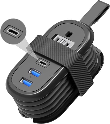 BEVA Regleta de alimentación de viaje con puertos USB, cable de extensión de enchufe plano de viaje de 4 pies, carga rápida PD de 20 W, 2 tomas de