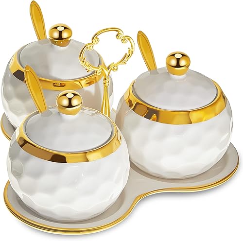 Lallisa 3 piezas de azucarero de porcelana de golf para condimentos de cerámica en forma de golf con 1 bandeja recipiente de sal con tapa y cuchara,