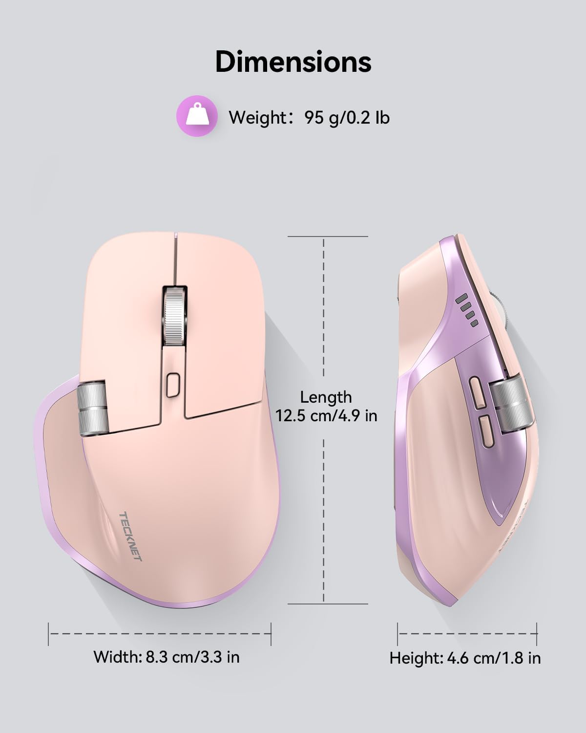 TECKNET Wireless Mouse, Bluetooth Mouse (BT5.3/5.0 & 2.4G) Rechargeable Ergonomic Optical Mouse with 6 Adjustable DPI, Side Scroll, USB A Receiver, 7 Buttons, Wide Compatibility - Pink & Purple