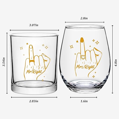 Miniatura 6 de Futtumy Regalos de compromiso para parejas, Mr Mrs Right - Juego de copas de vino sin tallo y copas de whisky para parejas, recién casados, señor