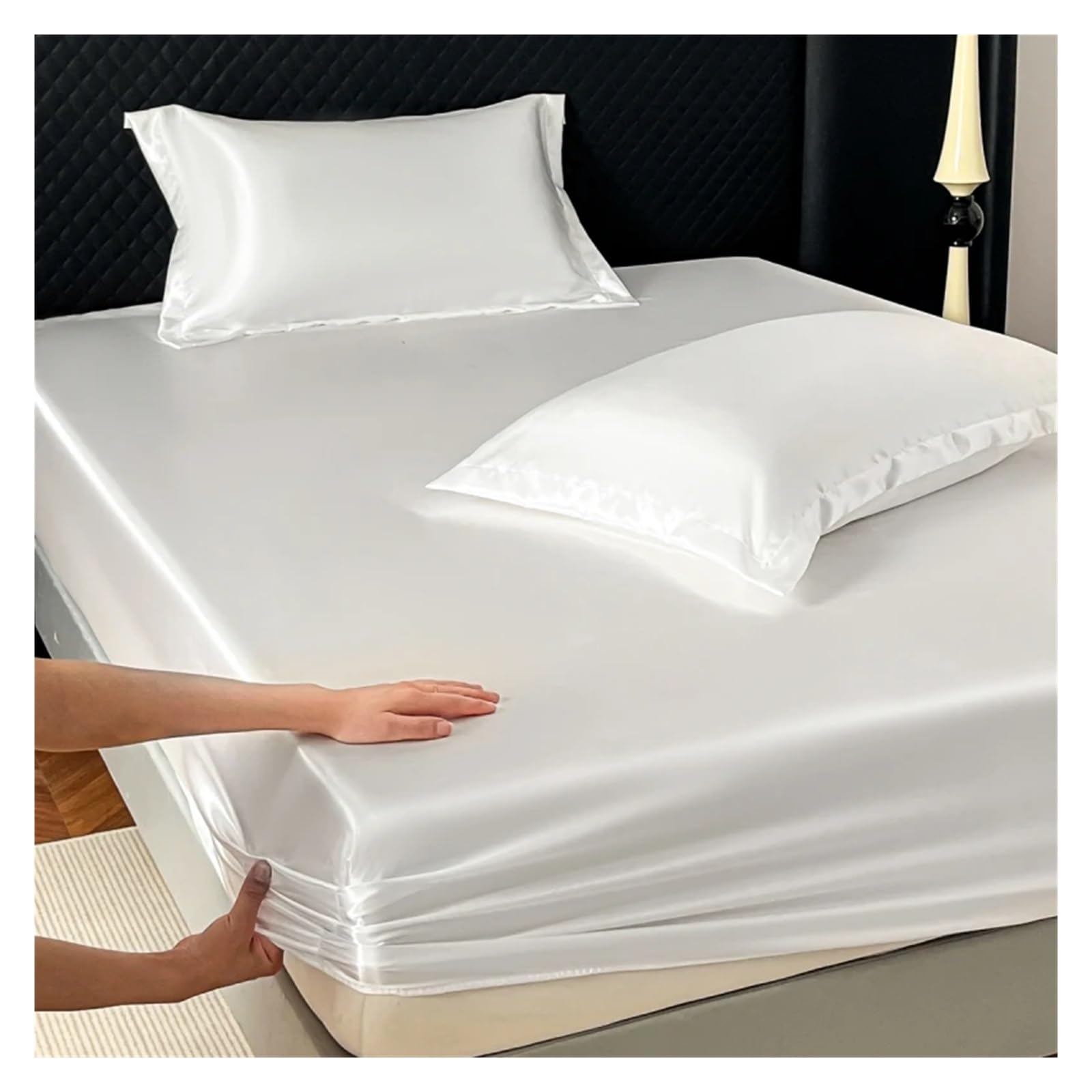 Satin-Spannbettlaken, elastisch, Fester Matratzenbezug, Bettlaken for Einzel-, Doppel- und Paare, King-Size- Queen-Size-Betten, Doppelbetten(Blue2,Queen)