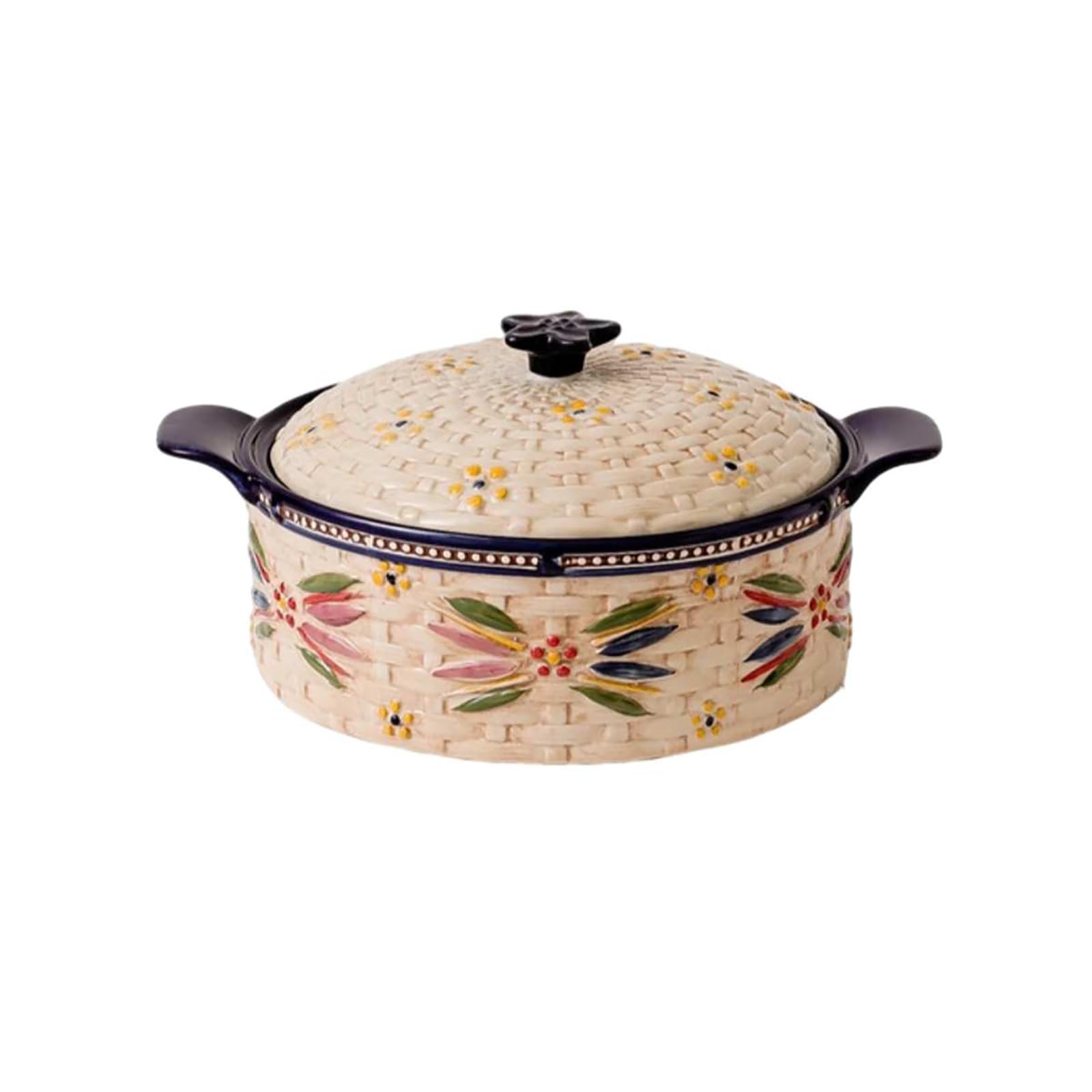 Retro ceramiczna dwuuszna miska do zupy z pokrywką i podszkliwną kolorową miską do zupy - dwuuszna miska na zupę z pokrywką.
