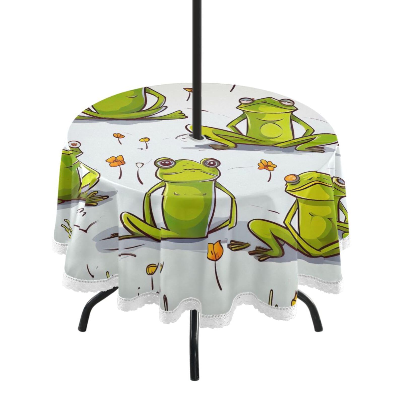 Wajiw 60 Inch Indoor Outdoor Round Tablecloth with Umbrella Hole and Zipper Waterproof Patio Table Cover for Camping Dining Room Party Outdoor Picnic,Frogs