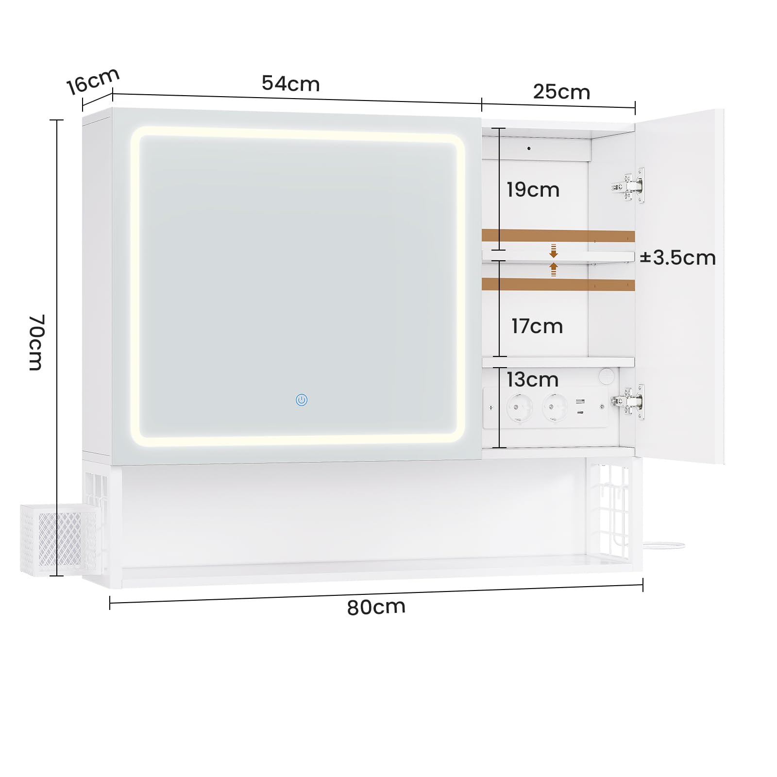Armario Baño con Espejo 80x16x70 cm, Espejo de Baño con Luz LED y Estantes Regulables, Armario Espejo Baño con Almacenamiento y Enchufe Múltiple, Interruptor Táctil, 2 Puertas Espejo, Blanco