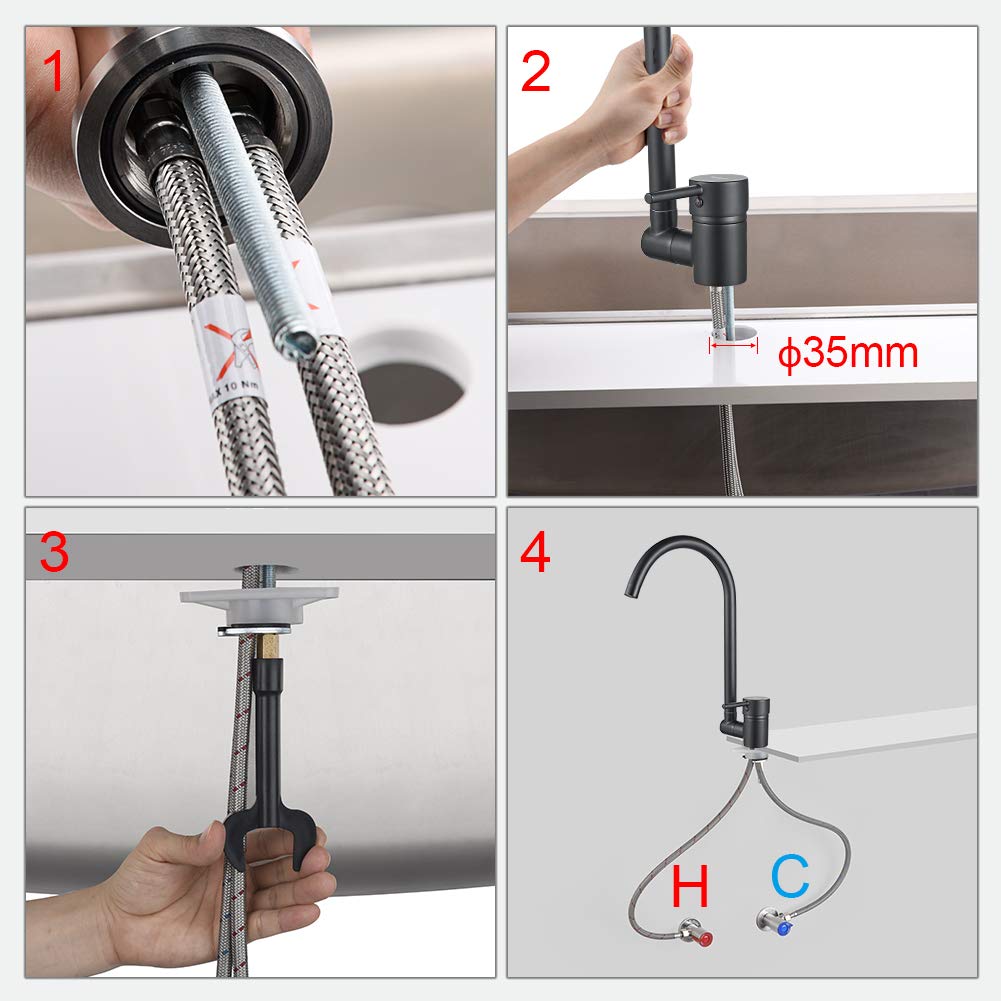 Ibergrif Grifo Cocina Fregadero Negro, Giratoria 360° y plegable 90°, Torneira Cozinha Agua Fría Y Caliente, Válvula Ahorradora, latón, para Fregadero de un Orificio, Fácil Instalación
