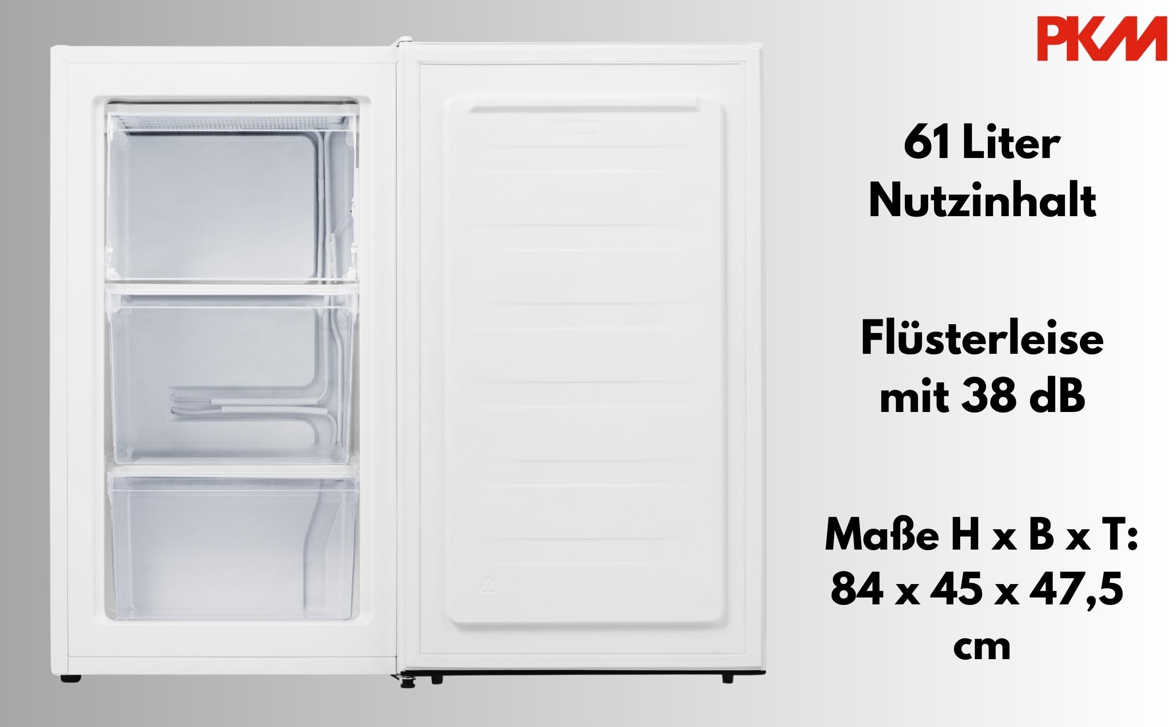 PKM GS61E Gefrierschrank 61 Liter Nutzinhalt | Weiß | Flüsterleise mit 38 dB | Wechselbarer Türanschlag | 4 Sterne Gefrierfach | Energieeffienzklasse E | Gefrieren | Freistehend