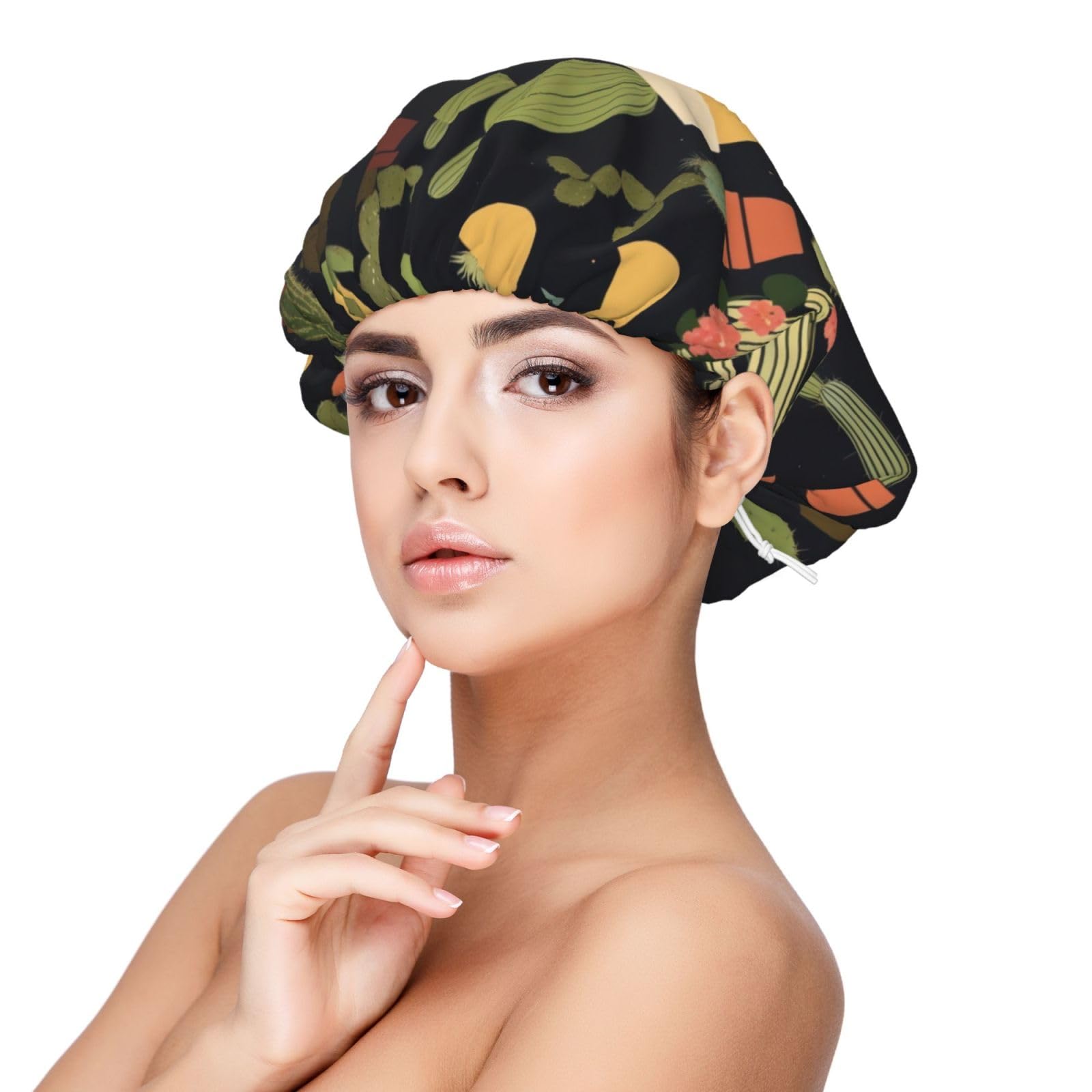 Double Layer Reversible Hair Wrap Satin Sleep Cactus Cap Bonnet for Braid Curly Hair Satin Bonnet Black