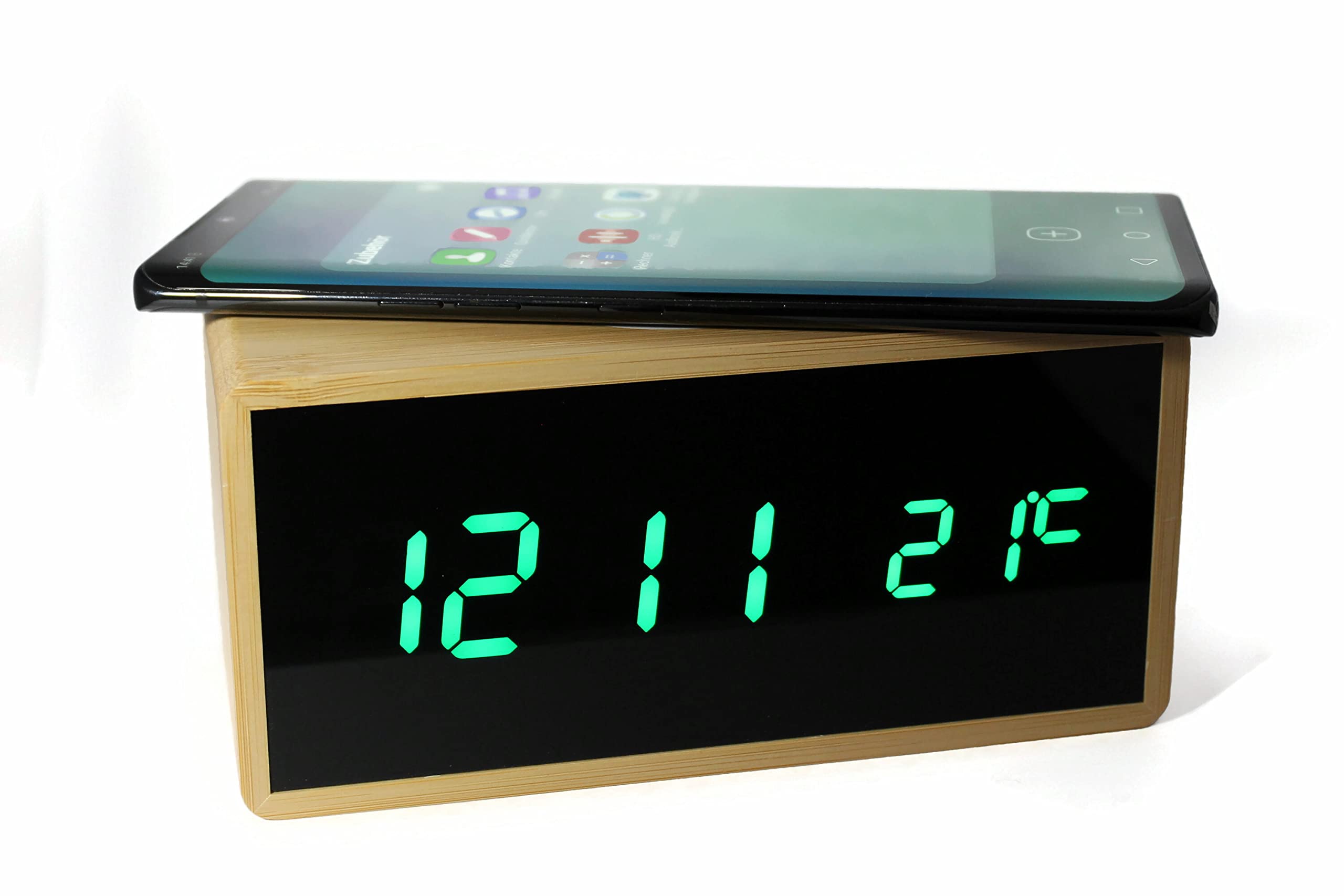 AtlantaDigital-Wecker LED Anzeige mit Wireless Charging Induktiv Ladefunktion Bambus Gehäuse - 2602, 16 x 7 x 7 cm