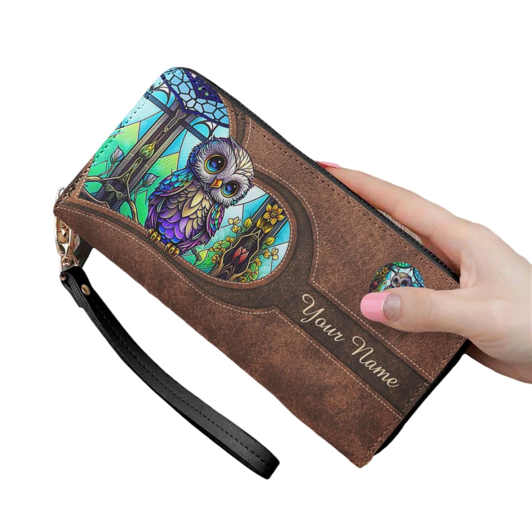 Personalized Owl Women Leather Wallet, Custom Name Vintage Owl RFID Blocking Zip Wallet, Boho Long Ladies Clucth Wristlet, Gift for Owl Lover Her (Colorful)