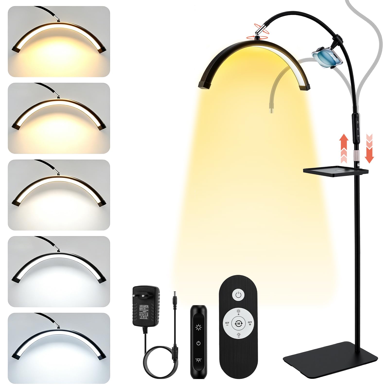 Lampada LED a mezzaluna per extension ciglia, pieghevole, con 5 temperature di colore e altezza regolabile, ruotabile a 360° per truccatori, tatuatori, saloni e uso domestico, supporto per telefono