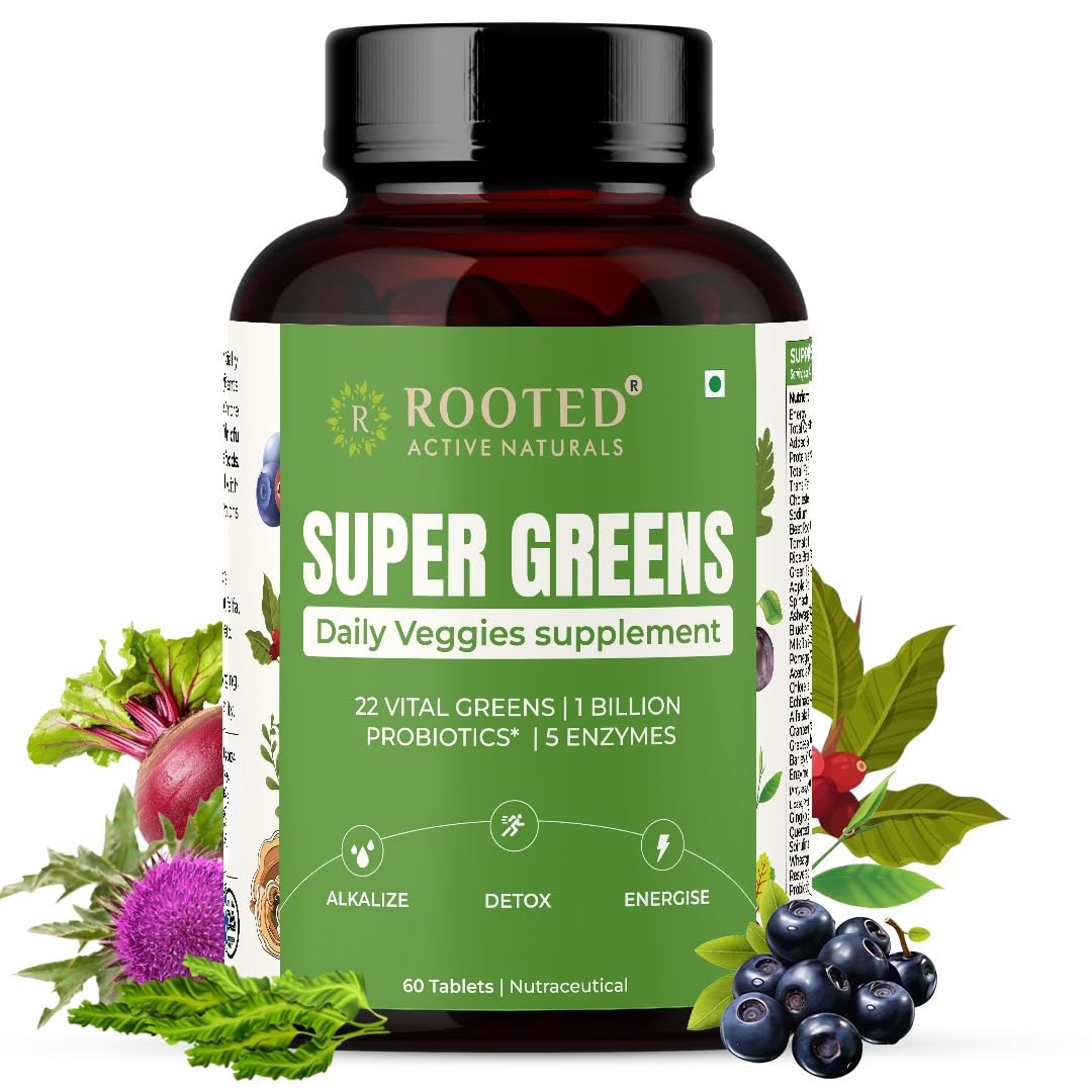 Rooted Active's Super Green Tablets for Men & Women | Comprehensive Daily Supplement with 22+ Vital Greens, 1 Billion Probiotics | 5 Enzymes | Supports Gut Health, Energy, Immunity (60 Tablets)