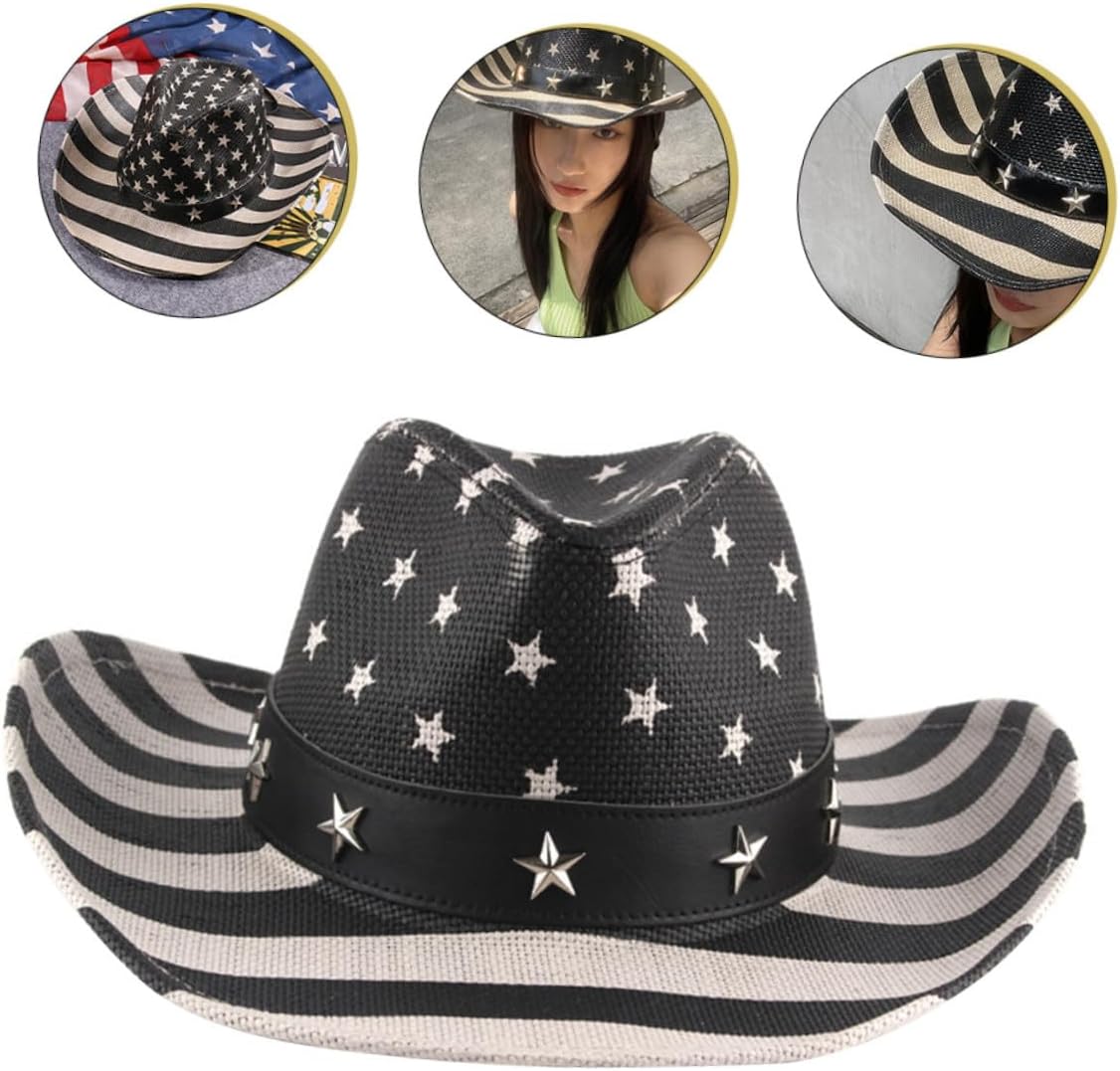 KOMBIUDA American Flag Cowboy Hat Straw Sun Hat for Men and Women Fourth of July USA Patriotic Outdoor Accessory Black