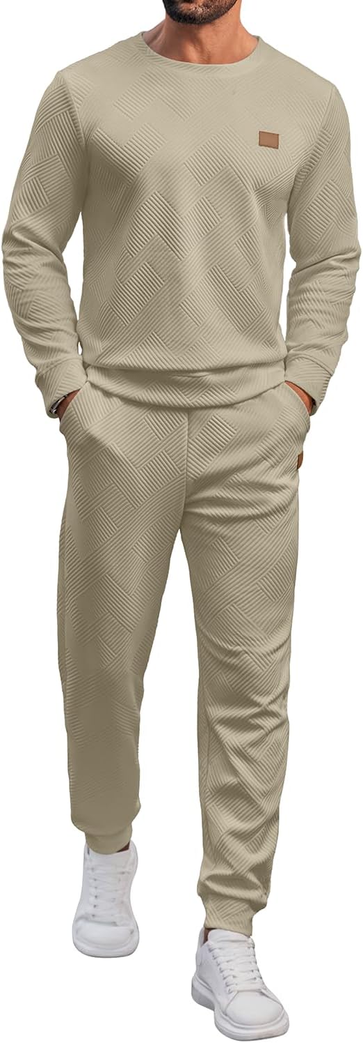 Vssjavun Mens Sweatsuits 2 Piece Set Long Sleeve Jacquard Sweatshirt Jogging Sweatpants Tracksuits