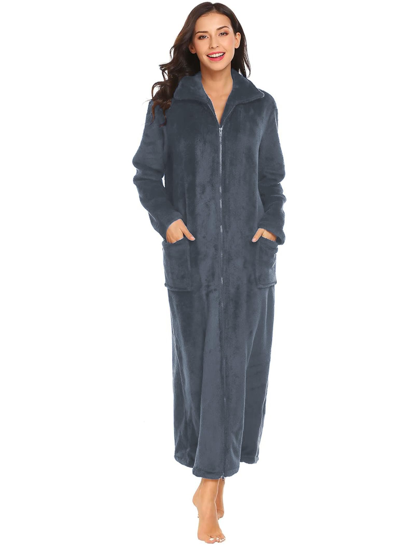 Ekouaer Women's Flannel Robe Zipper Front Robes Full Length Bathrobe ...