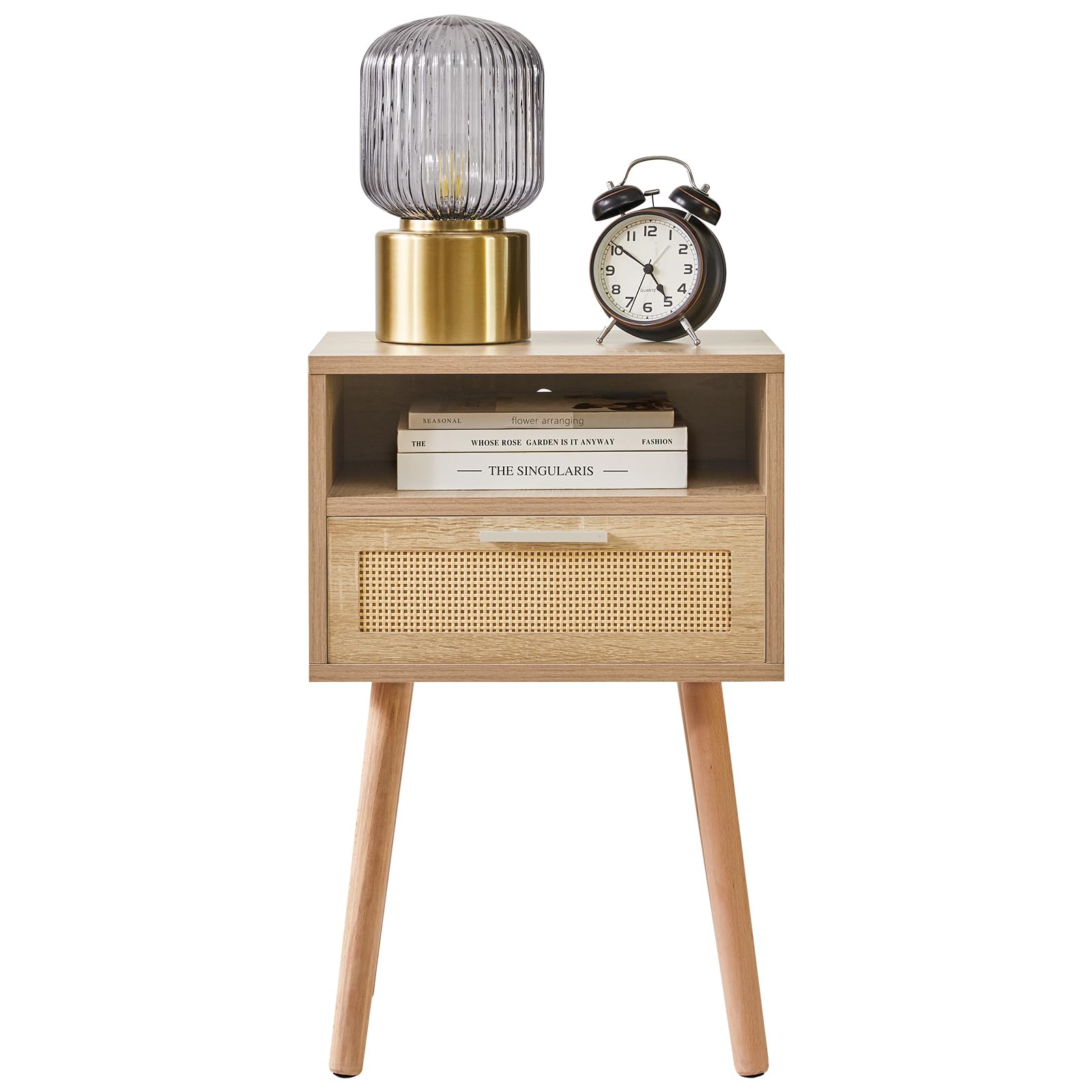 IBUYKE Comodino in rattan, tavolino boho con cassetto, ripiano aperto, comodino in legno, tavolino con gambe per camera da letto, soggiorno e piccoli spazi, naturale WNS009N