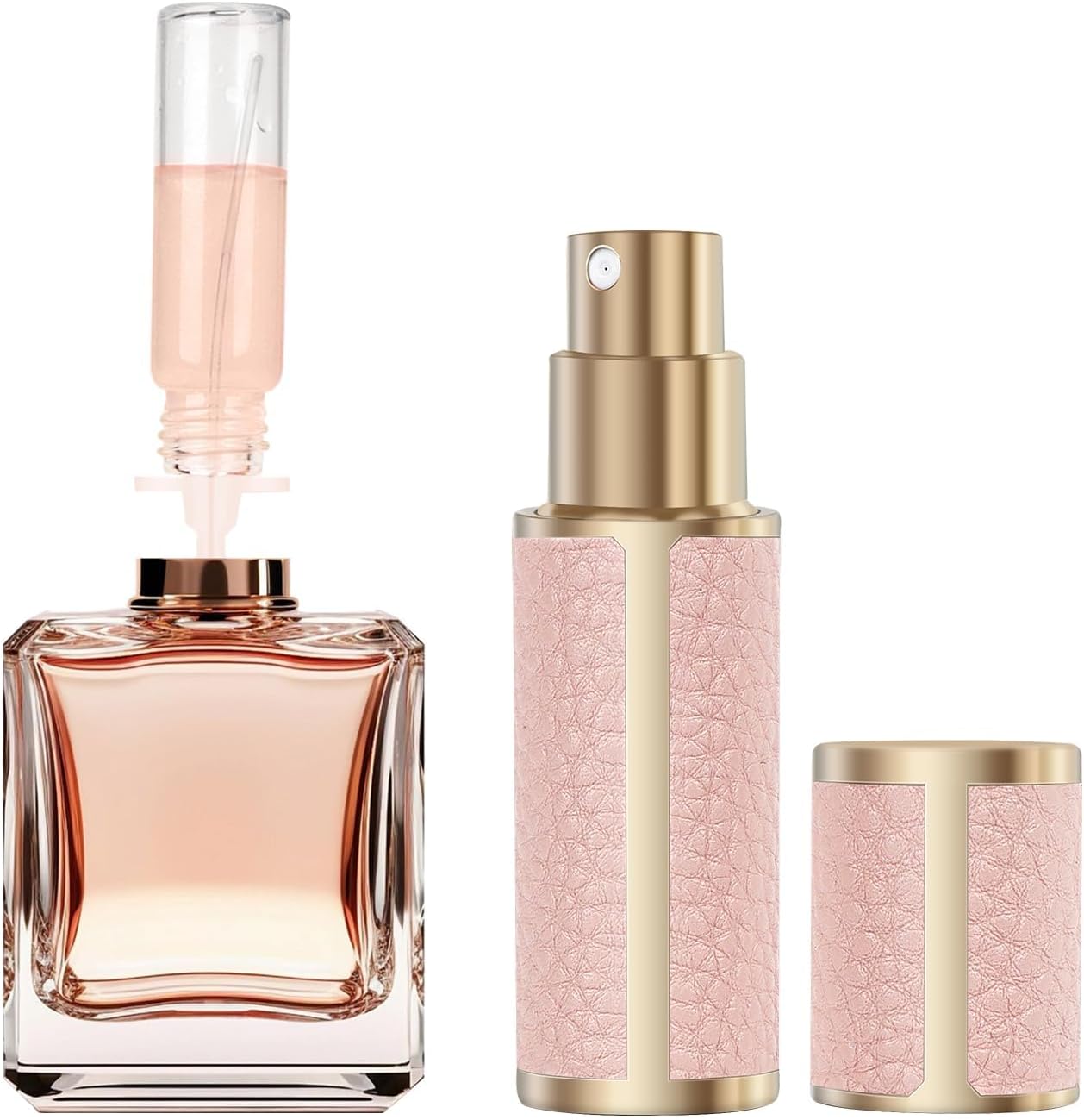 OWill 5 ml parfumverstuiver, spuitfles, lekvrij, navulbaar, parfum, reisfles, luxe lederen parfumdispenser, fles met accessoires (roze)