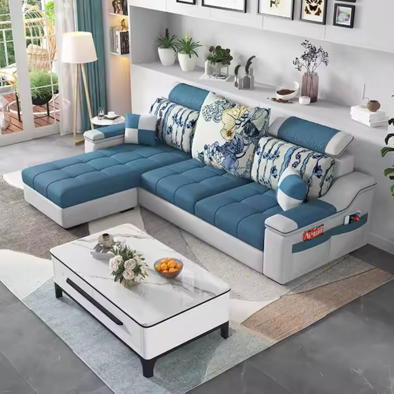 Image of Homax. Albo Modern 3-Seater Sofa Set with Convertible Ottoman - Interchangeable L-Shape Design, Adjustable Headrests & Space-Saving for Living Room - Color - Dark Blue