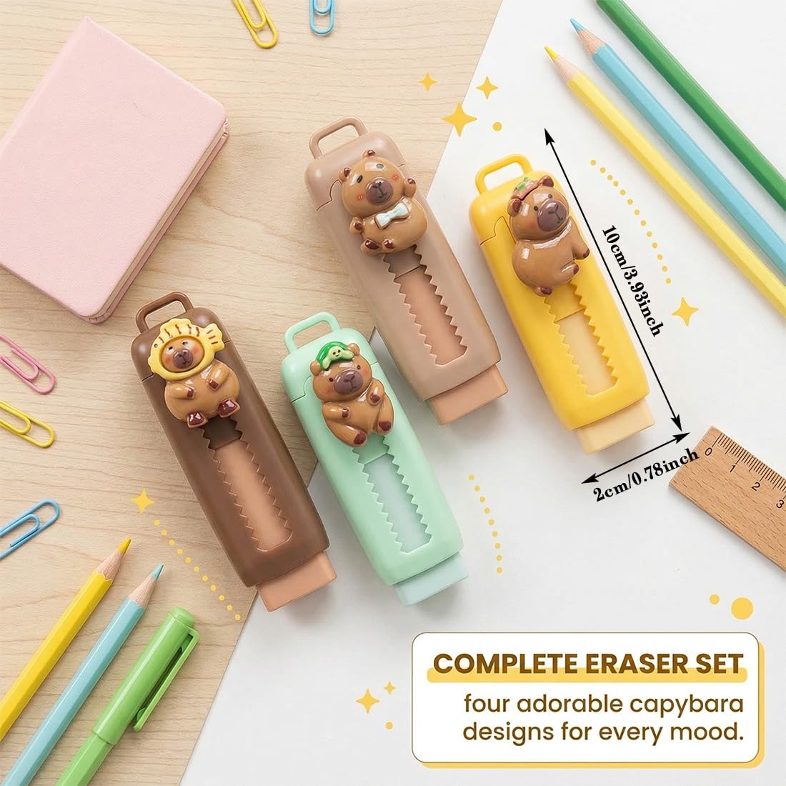 Gomme Da Cancellare Profumate Retrattili 4 Pezzi Design Carino Caffè Scuro Chiaro Giallo Verde 10Cm X 2Cm