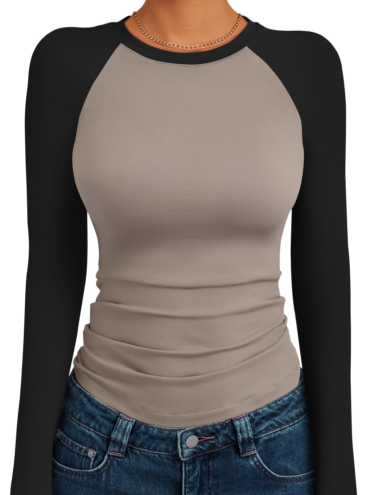 Women's Long Sleeve Shirts Slim Fit Stretchy Color Block Slightly Cropped Tops
