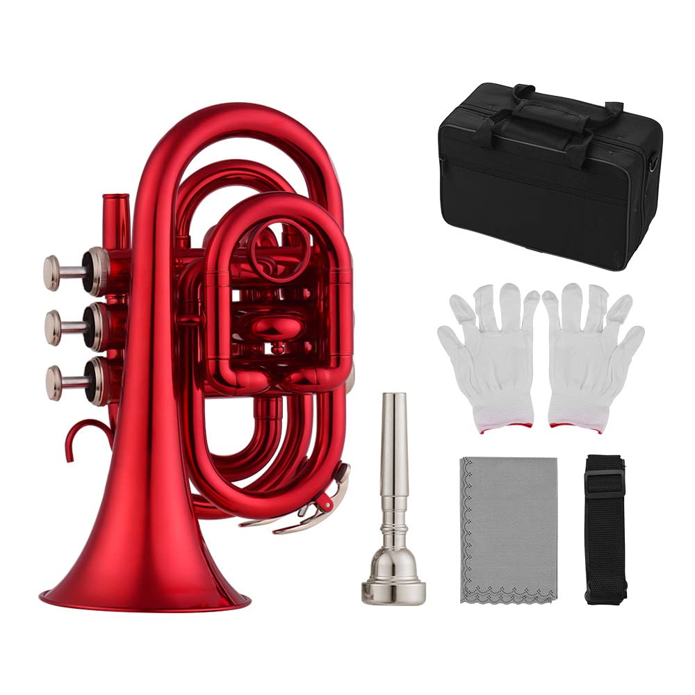 Set di Trombe Tascabili in SIB 5 Trombe a Mano Colorate Opzionali con Custodia, Cinturino, Bianchi, Kit di Pulizia per Studenti e Principianti (Rosso)
