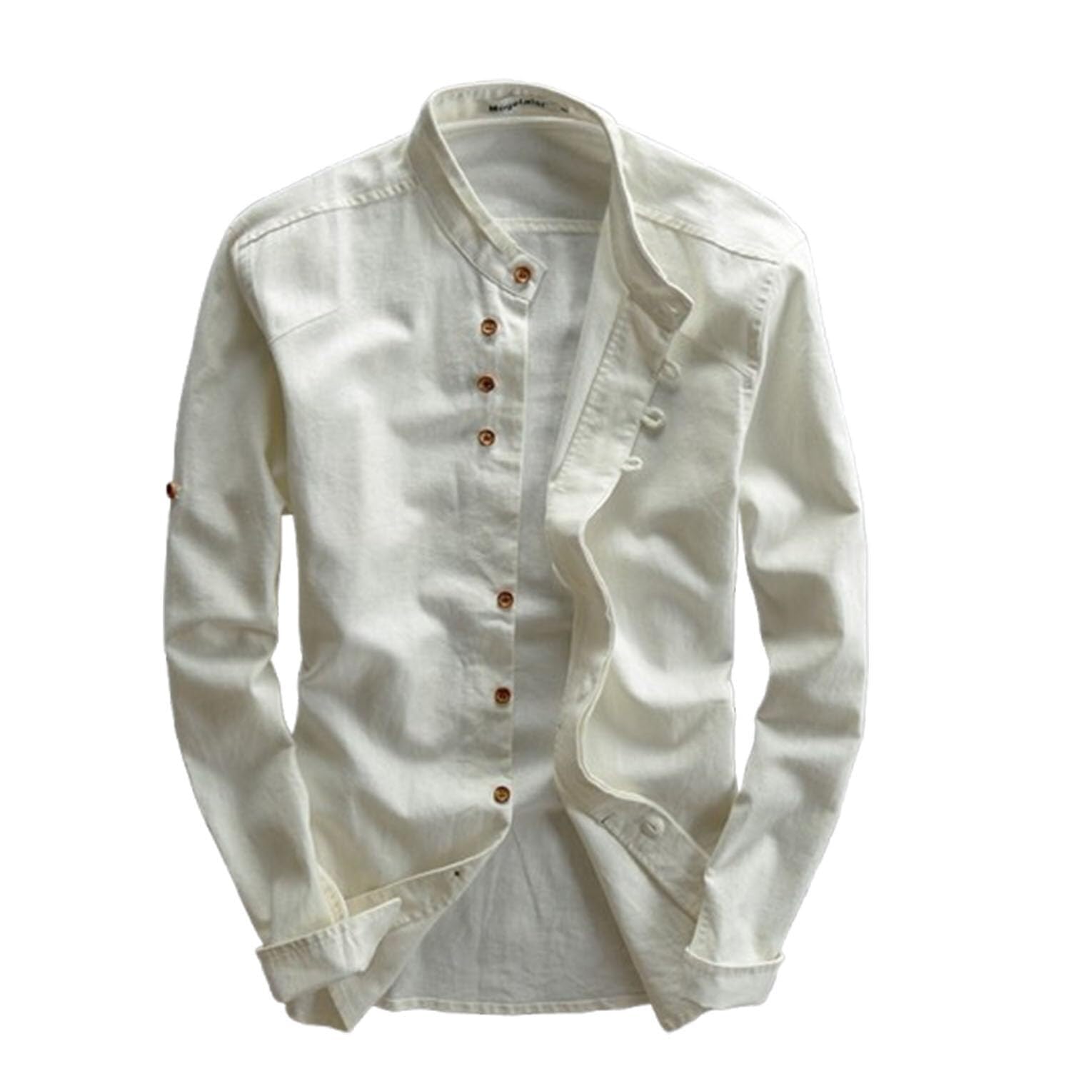 Soulona Men's Katana Japan Style Shirt, Premium Linen Cotton Blend, Tailored Fit, Long Sleeve(White,M)
